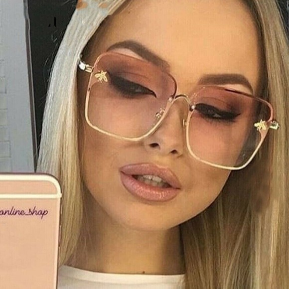 Sunglasses Women Square Frame Gold Accents Pink Lens Fashion Shades Luxury Style - Picture 1 of 2